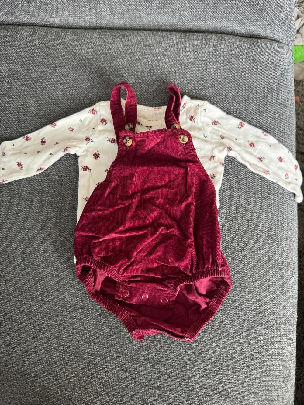 6M Carter's Burgundy Corduroy Romper with White Floral Bodysuit